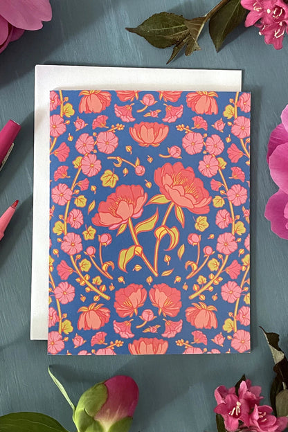 Peonies and Hollyhocks Floral Greeting Card