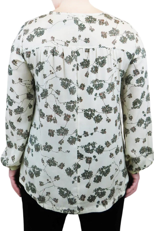 Celeste Gathered Blouse by Mandala, Canvas Shade, back view, peasant blouse, jewel neck with triple button detail, gathered yokes front and back, long gathered sleeves, eco-fabric, rayon voile, OEKO-TEX certified, sizes S to XL, made in Ontario