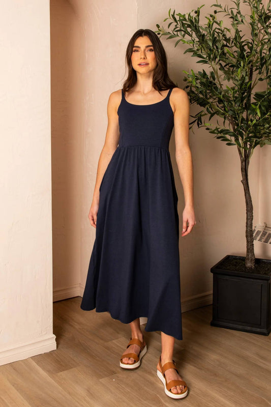 Claire de Lune Dress by Cherry Bobin, Marine, long loose dress, spaghetti straps, gathered waist, pockets, eco-fabric, bamboo rayon and cotton, sizes XS-2XL, made in Quebec
