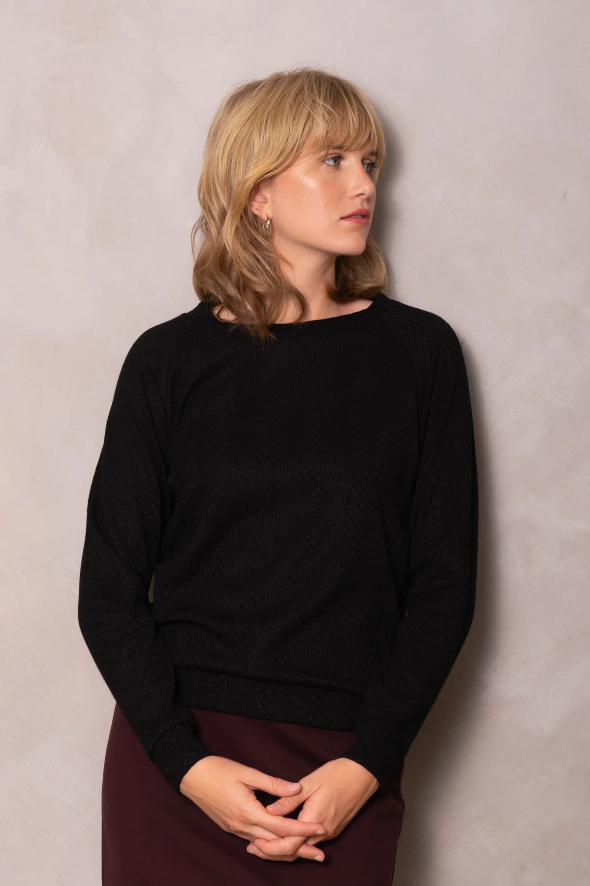 Rhea Sweater by Cokluch, Black, textured knit, raglan sleeves, round neck, band at hem, bamboo rayon blend, sizes XS to 3XL, made in Quebec