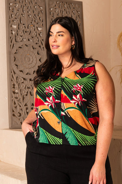Fleur de Lin Cami by Cherry Bobin, Tropical, V-neck at front and back, sleeveless, button front, darts at bust, 100&% rayon, sizes XS to 2XL, made in Quebec
