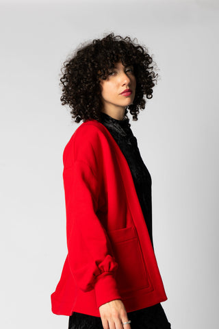 Ryder Jacket by Eve Lavoie, Red Cotton, loose fit, puff sleeves, patch pockets, cotton, sizes XS to XL, made in Montreal