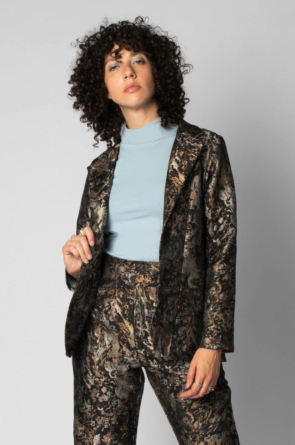 Streep Jacket by Cokluch, Metallic Print, classic blazer shape, rounded botom, side pockets, sizes XS to XL, made in Montreal