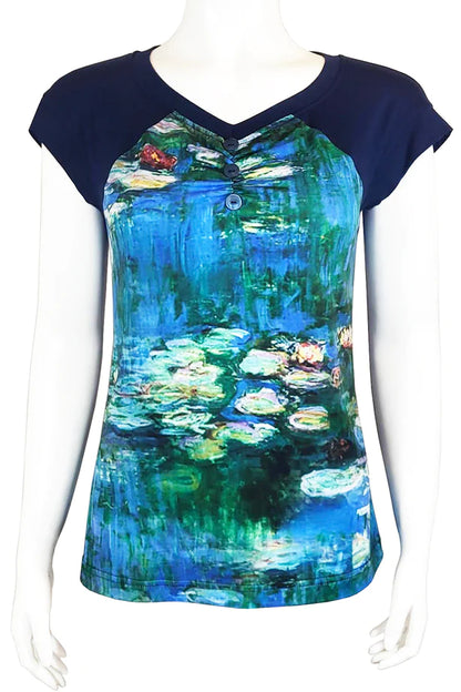 Easel Panel Tee by Mandala, Monet Lilies, art print front panel surrounded by solid colour, v-neck with gathers and triple button detail, raglan yoked extended cap sleeves, sizes XS to XL, made in Ontario 