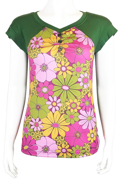 Easel Panel Tee by Mandala, Pop Art Moss, art print front panel surrounded by solid colour, v-neck with gathers and triple button detail, raglan yoked extended cap sleeves, sizes XS to XL, made in Ontario 