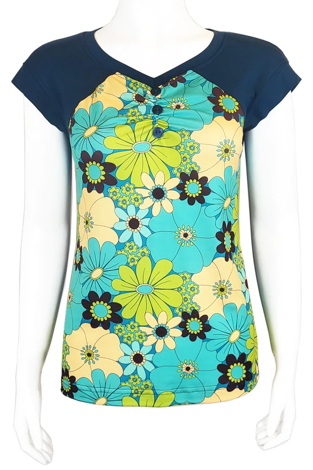 Easel Panel Tee by Mandala, Pop Art Teal, art print front panel surrounded by solid colour, v-neck with gathers and triple button detail, raglan yoked extended cap sleeves, sizes XS to XL, made in Ontario 