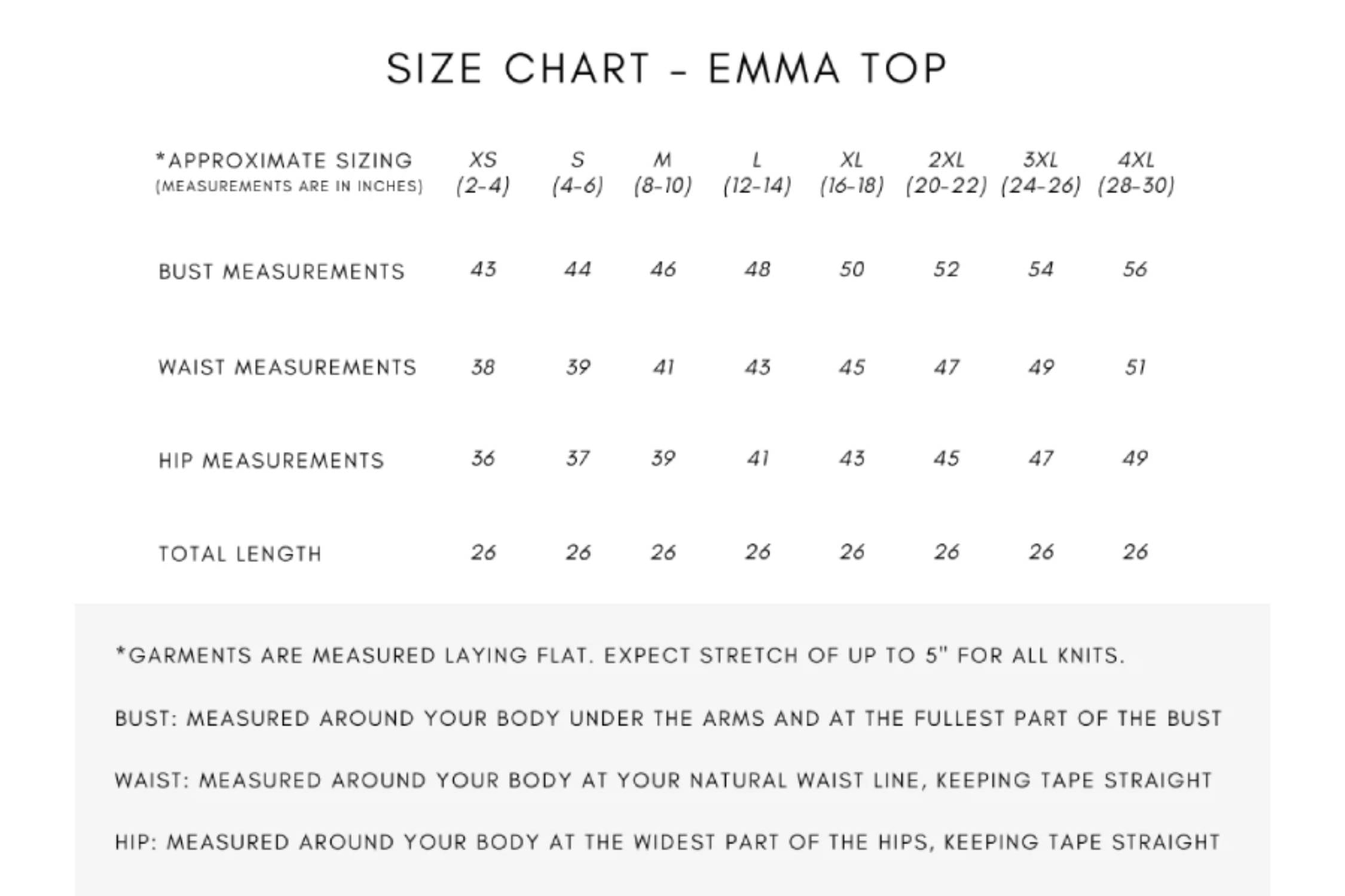 EMK Size Chart