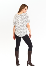 Emma Polka Dot Top by EMK, Black and White, back view, dolman style, short sleeves, rounded hi-low hemline, eco-fabric, bamboo rayon, cotton, sizes XS to 4XL, made in Winnipeg