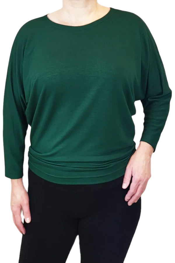 Joel Slouch Tee by Mandala, Emerald, wide jewel neck, 3/4 dolman sleeves, slouchy fit, fitted hemline at hip sizes, XS to XXL, made in Ontario