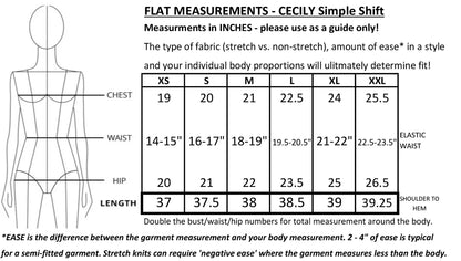 Garment Measurement chart for the Cecily Simple Shift from Mandala 