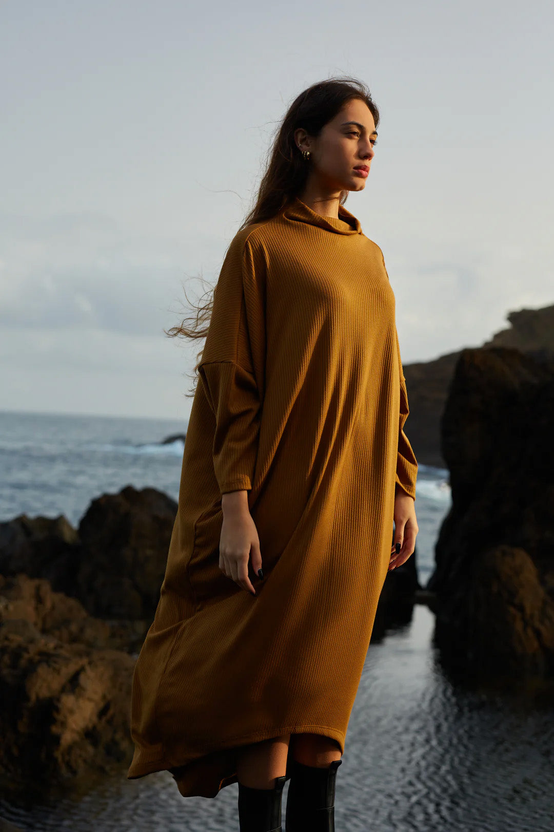 Frankfurt Dress by MAS, Tumeric, oversized, rib knit, cowl neck, dropped sleeves, hi-low rounded hem, One Size, made in Montreal