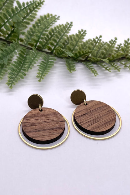 Violet Wood & Brass Circle Earrings