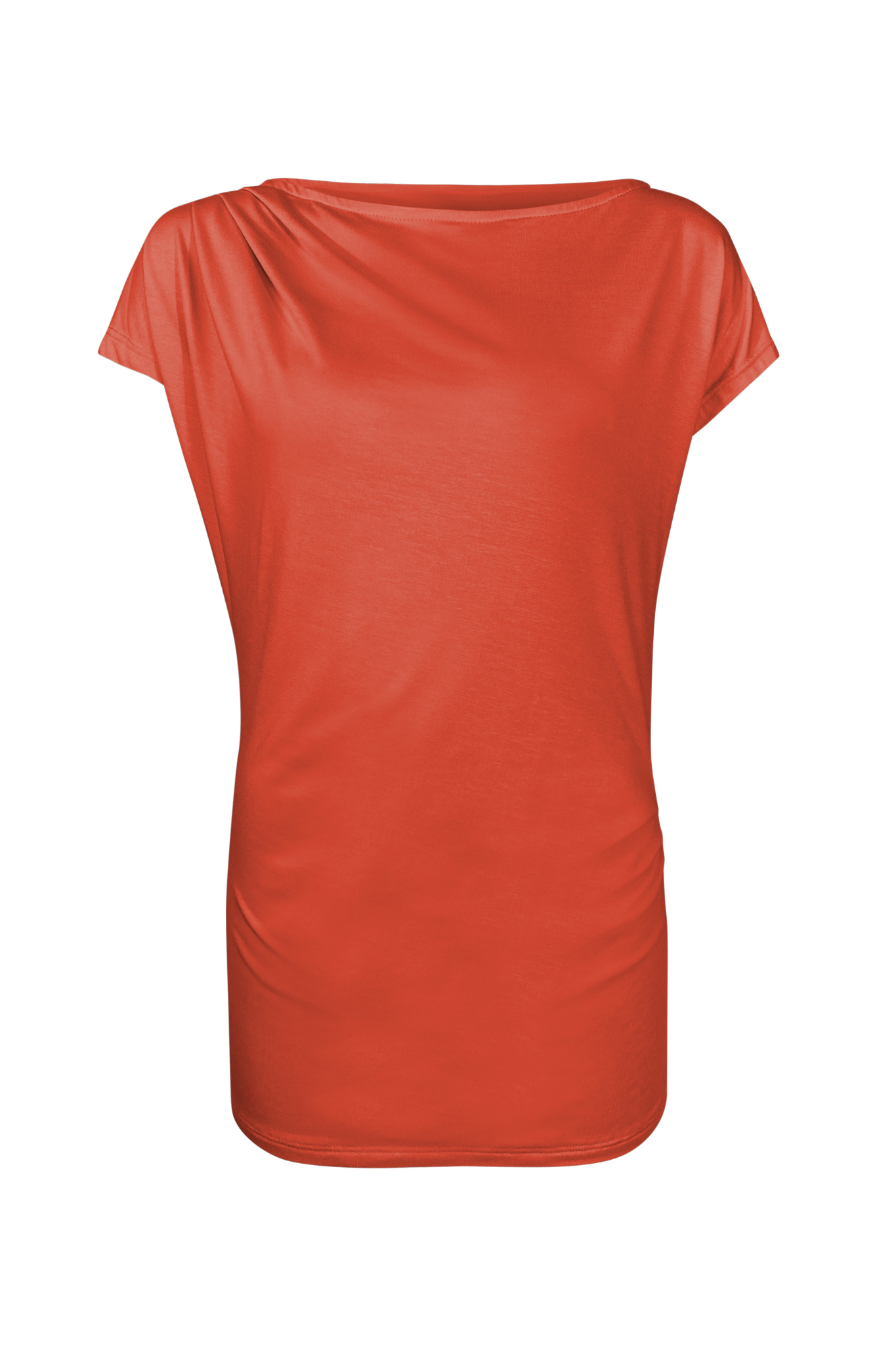Gentianne Top by Melow, Coral, pleats at shoulder and hip, short extended sleeves, hem can be pulled up or down, eco-fabric, bamboo-rayon, OEKO-TEX certified, sizes XS to L, made in Montreal
