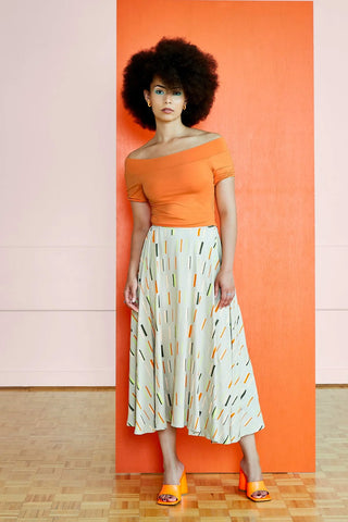 Guillermo Skirt by Melow, DNA print, viscose, semicircular, elastic waist, midi length, sizes XS to XXL, made in Montreal