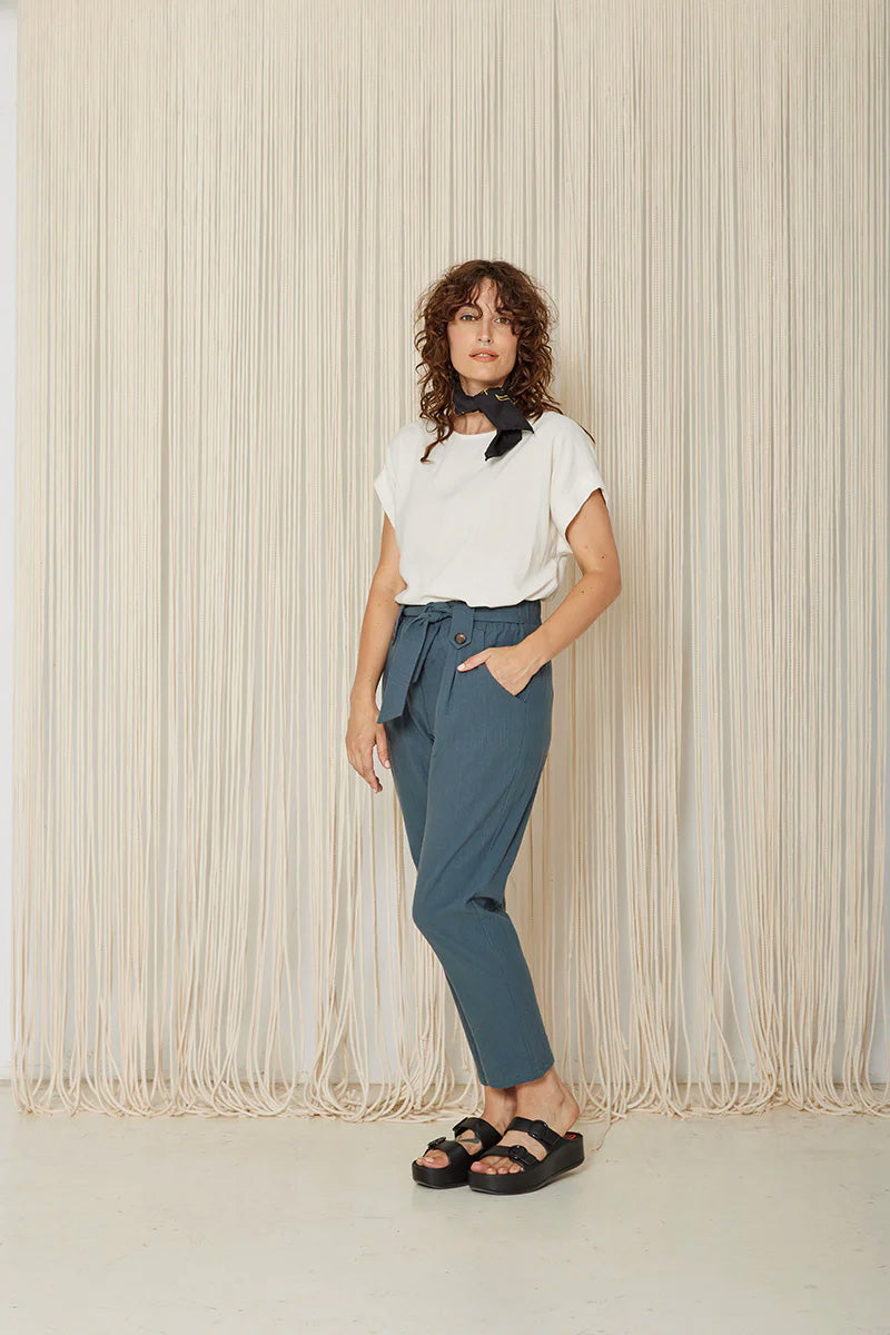 Hosta Pants by Cokluch, Steel, elastic waist, sewn-in belt  held in place with loops and buttons, tapered ankle-length legs, eco-fabric, cotton, OEKO-TEX certified, sizes XS to XL, made in Montreal 
