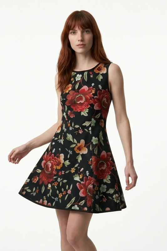 A woman wearing the Silba Dress FW26/27 by Kollontai in Black Floral, a short sleeveless dress with princess seams and an above the knee skirt. She is standing against a white background. 
