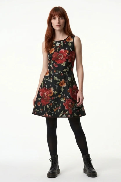A woman wearing the Silba Dress FW26/27 by Kollontai in Black Floral, a short sleeveless dress with princess seams and an above the knee skirt. She is standing against a white background. 