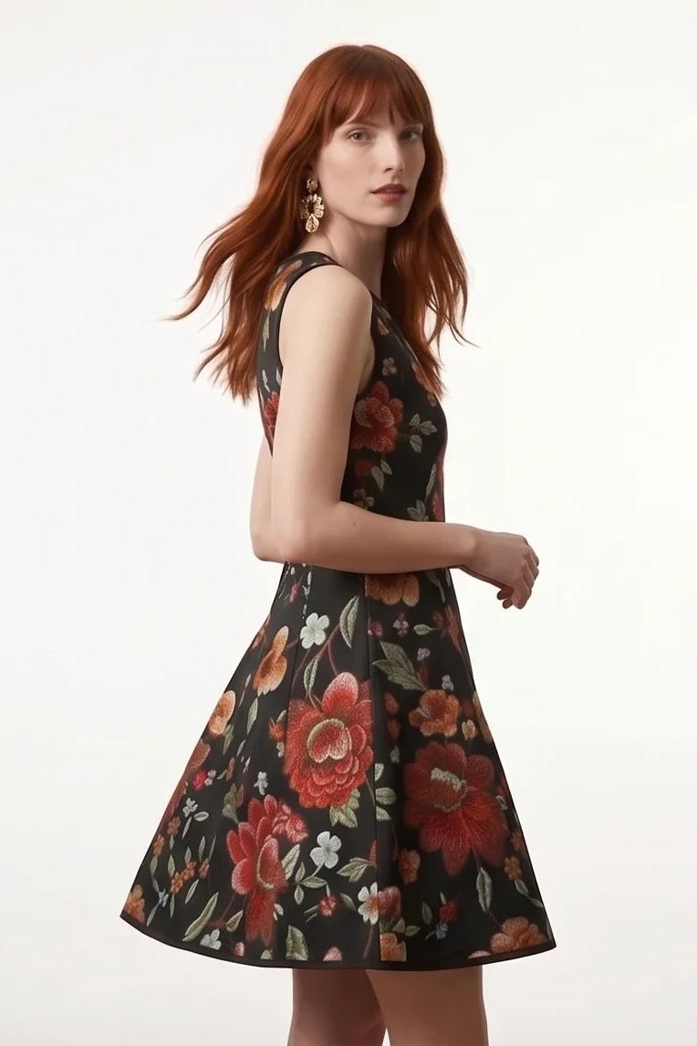 Side view of a woman wearing the Silba Dress FW26/27 by Kollontai in Black Floral, a short sleeveless dress with princess seams and an above the knee skirt. She is standing against a white background. 