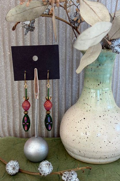 Beaded Czech Glass Earrings - Pink Acorn/Green Diamond