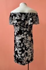 Bare Dress by Yul Voy, back view, black and white jungle print, off the shoulder, short sleeves, straight cut, above the knee, sizes XS-XXL, made in Montreal