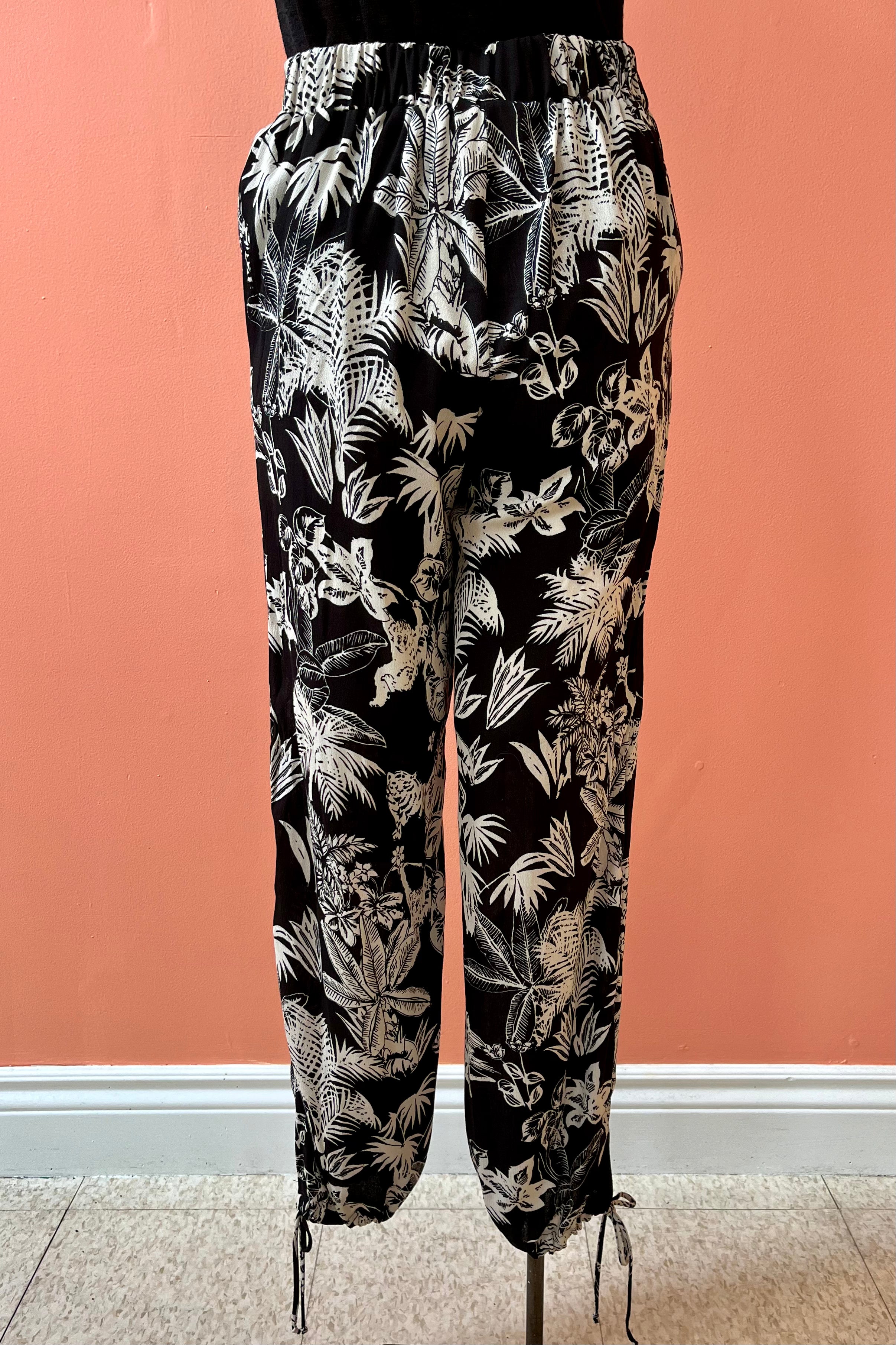 Best Pant by Yul Voy, black and white jungle print, loose fit, elastic waist, cut-out with tie detail at ankles, sizes XS-XXL, made in Montreal