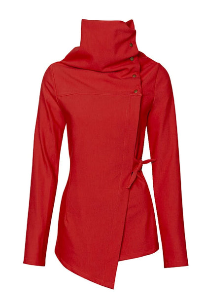Isabeau Jacket by Melow, Red, asymmetrical shape, high neck with snaps and cord, adjustable tie at the waist, slim fit with a flare at the hips, sizes XS to XXL, made in Montreal  
