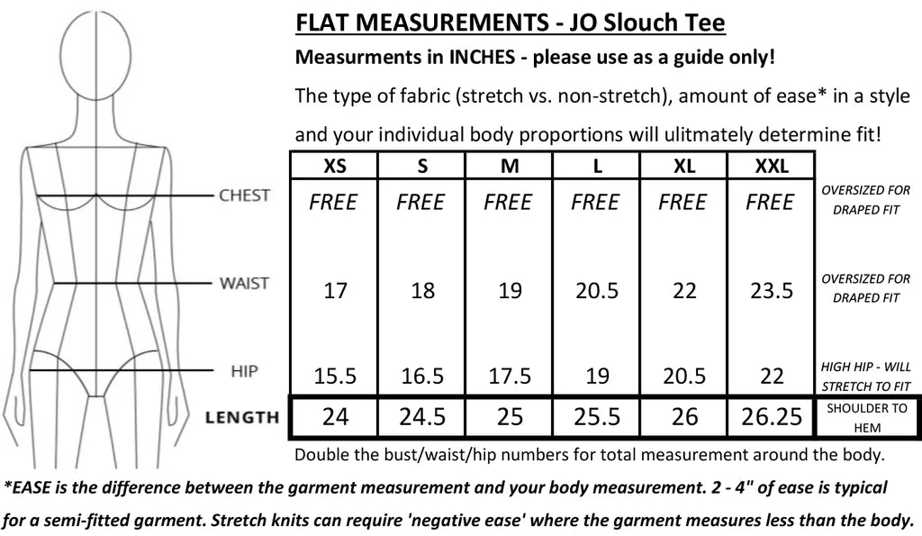 Jo Slouch Tee by Mandala size chart
