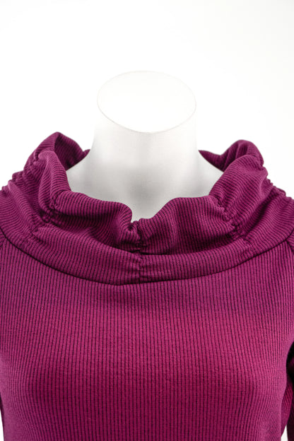 Pleated cowl neck detail of the Myrtille Sweater by Karkass in Purple