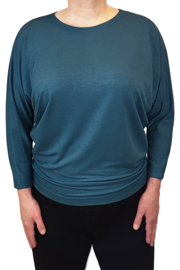 Joel Slouch Tee by Mandala, Dusty Teal, wide jewel neck, 3/4 dolman sleeves, slouchy fit, fitted hemline at hip sizes XS to XXL, made in Ontario