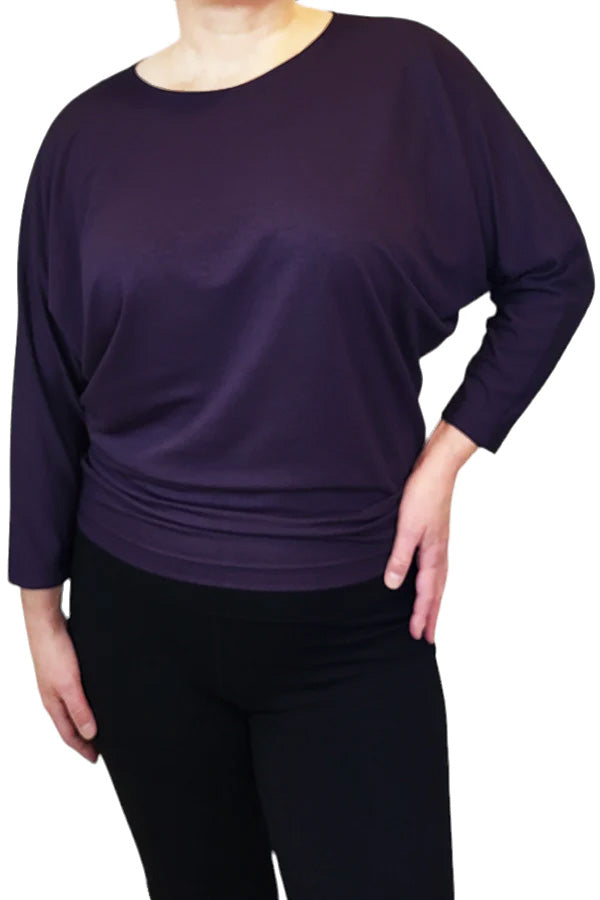 Joel Slouch Tee by Mandala, Royal Purple, wide jewel neck, 3/4 dolman sleeves, slouchy fit, fitted hemline at hip sizes XS to XXL, made in Ontario