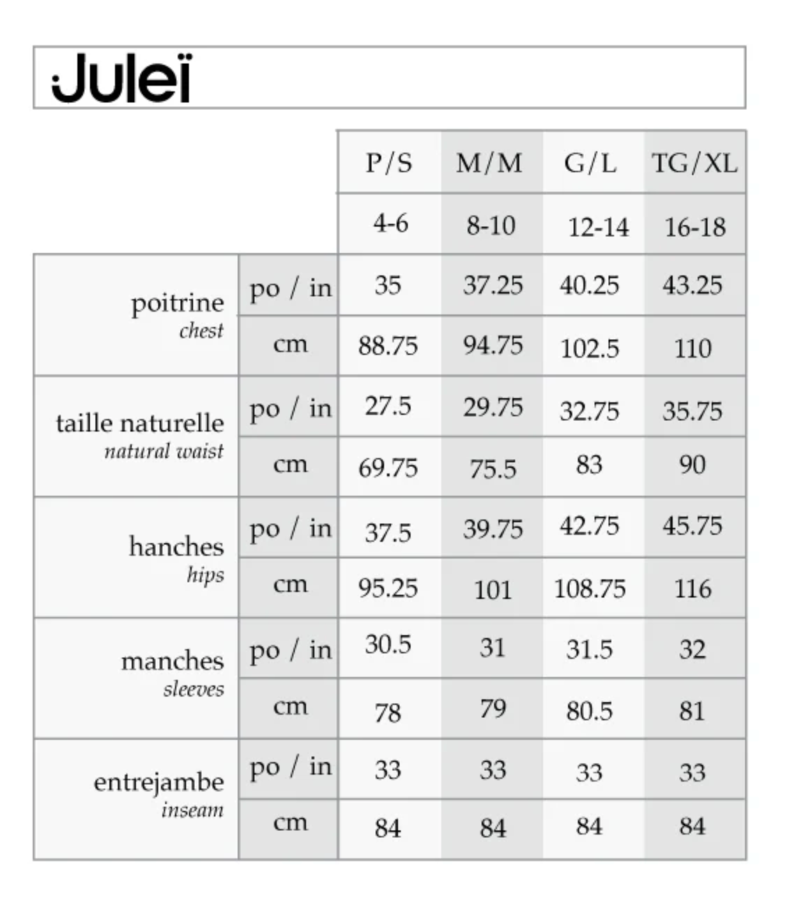 Julei Design Size Chart