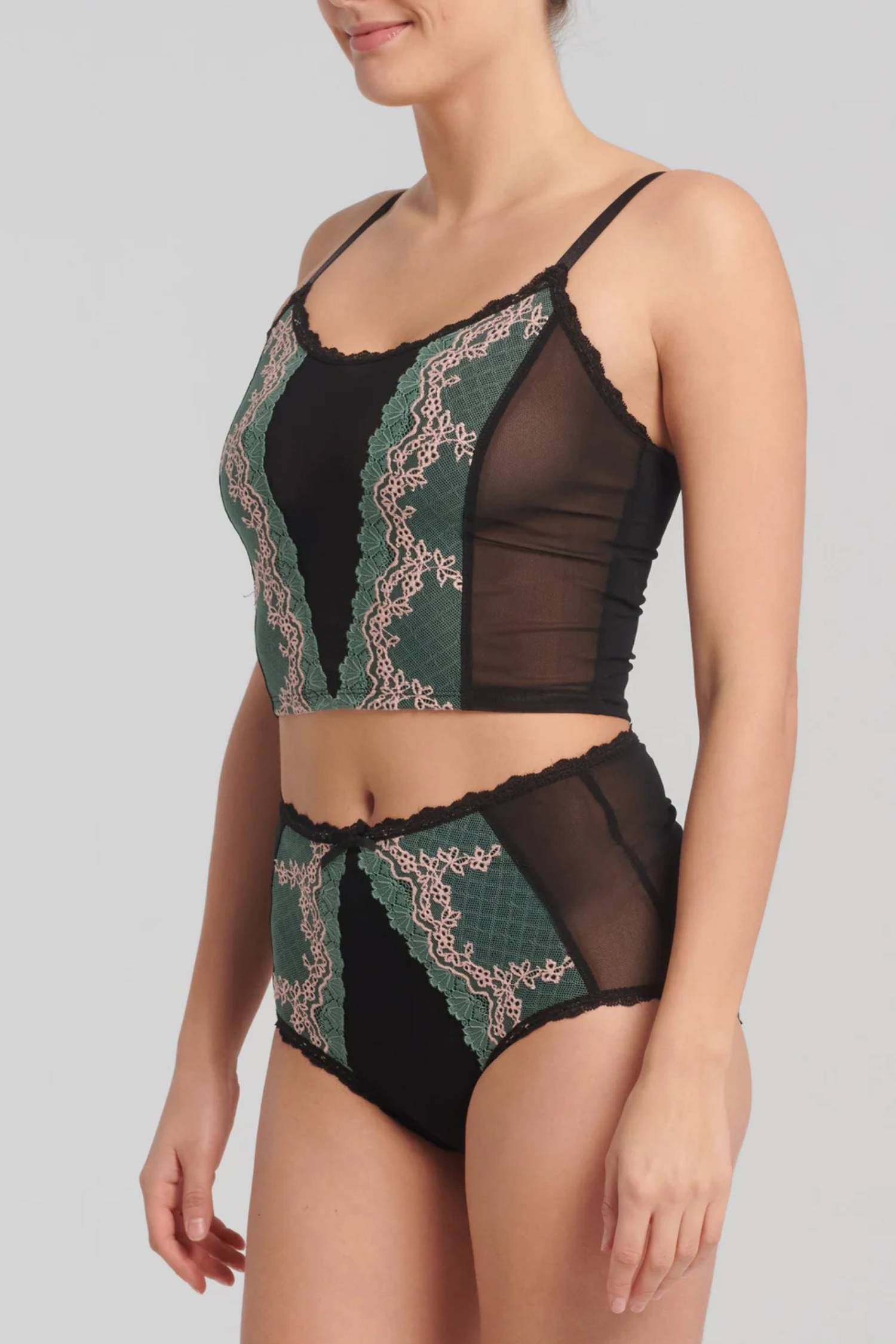 Iphigenia Bustier by Kollontai, Green, longline bralette, spaghetti straps, mesh and lace, sizes XS to XL, made in Montreal 
