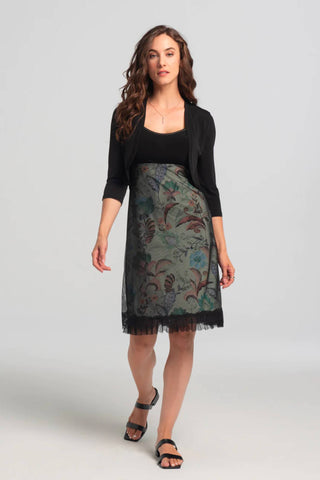 Melika Bolero by Kollontai, Black, 3/4 sleeves, slightly cropped length, rounded hem is shorter in the front, sizes XS to XXL, made in Montreal 