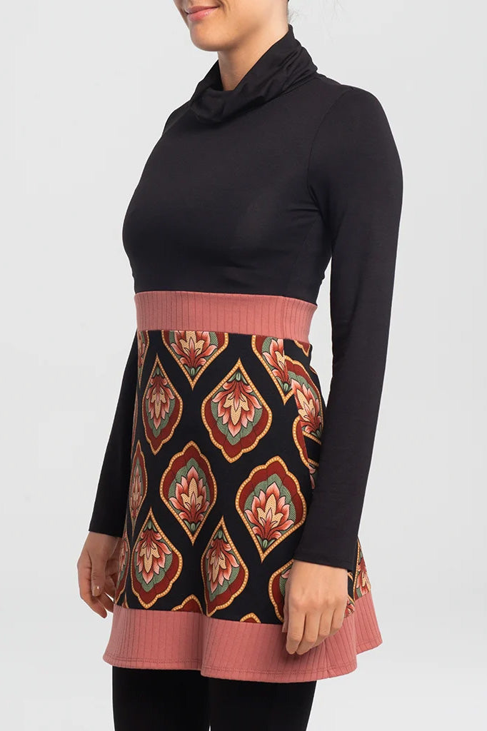 Kathy Tunic by Kollontai, Black, solid black turtleneck, upper body and sleeves, printed skirt, contrast ribbed bands at waist and hem, sizes XS to XXL, made in Montreal