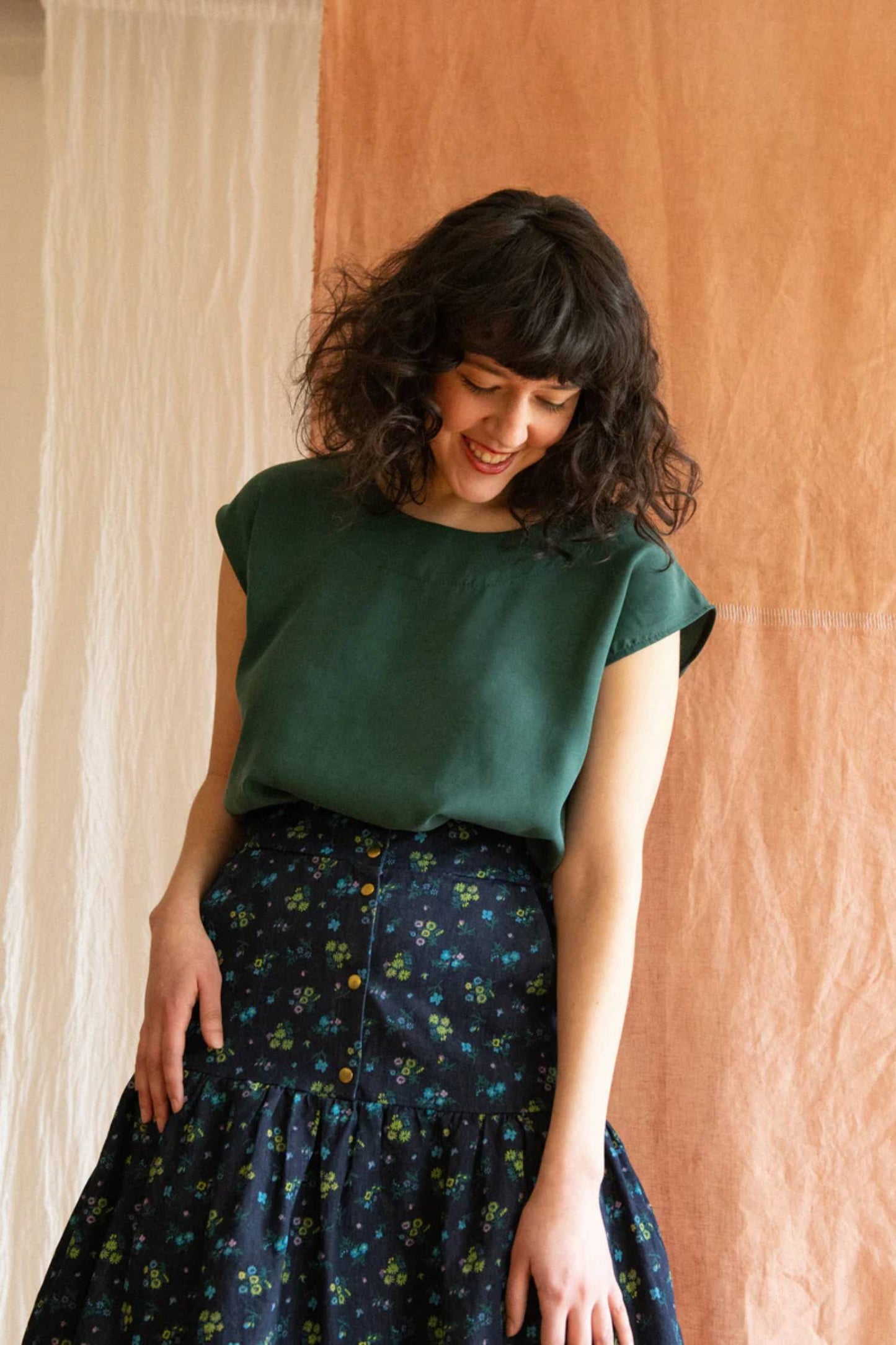 Campanule Skirt by Kazak, Forest Green, midi-length, tiered skirt, elastic at back of waist, brass buttons, two pockets, eco-fabric, organic cotton, OEKO-TEX certified, sizes XS to XL, made in Montreal 