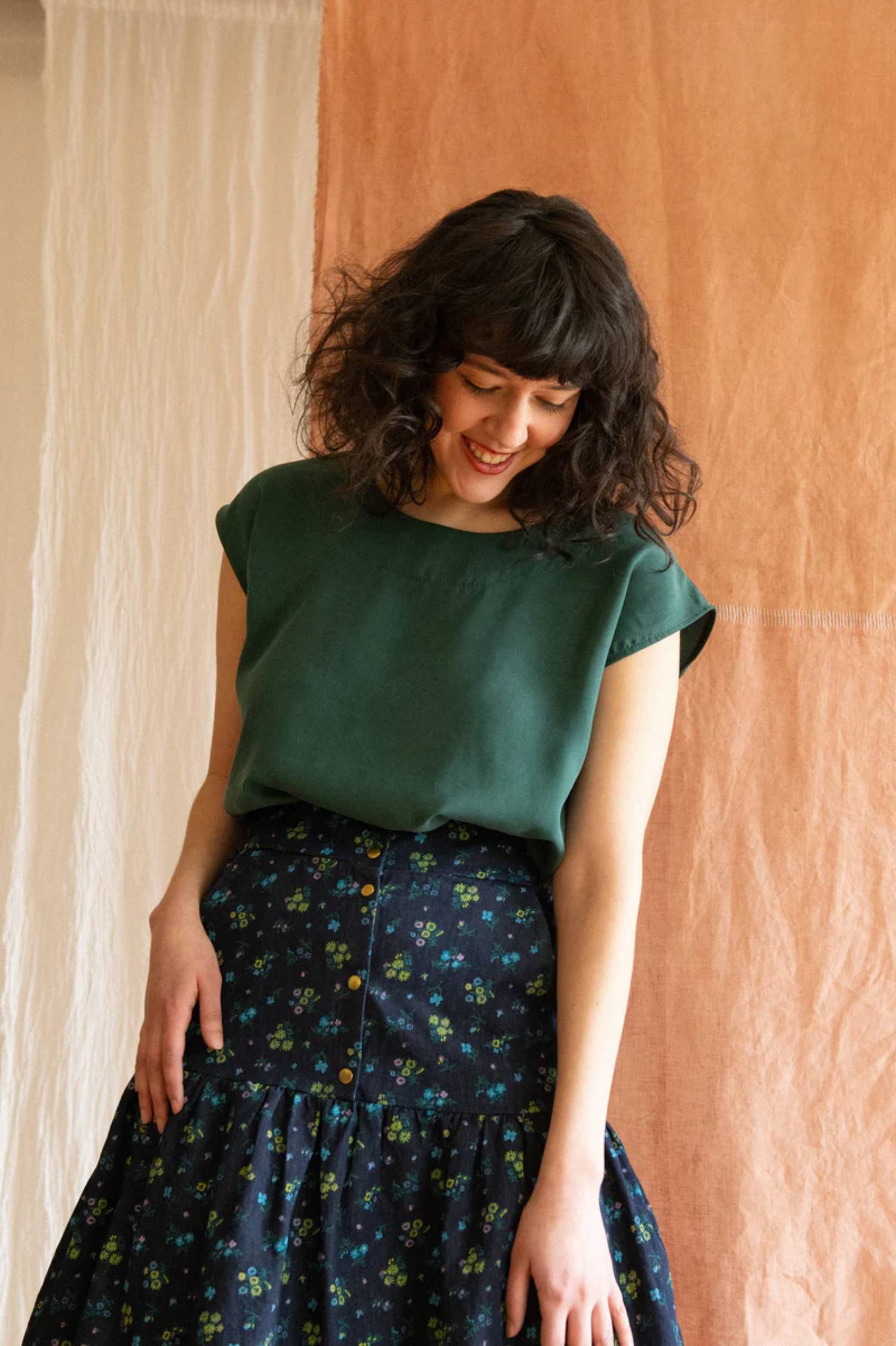 Campanule Skirt by Kazak, Forest Green, midi-length, tiered skirt, elastic at back of waist, brass buttons, two pockets, eco-fabric, organic cotton, OEKO-TEX certified, sizes XS to XL, made in Montreal 