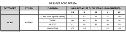 Size chart for the Persea Dress by Kazak.