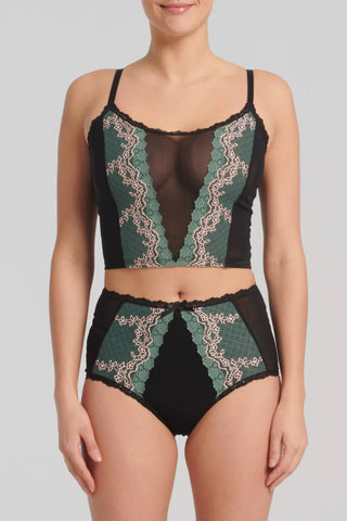 Iphigenia Bustier by Kollontai, Green, longline bralette, spaghetti straps, mesh and lace, sizes XS to XL, made in Montreal 