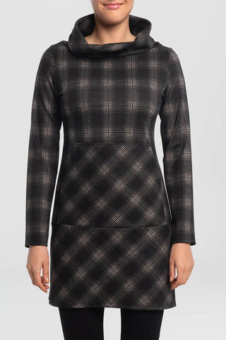 Goodall Dress by Kollontai, Black, plaid print, cowl neck, long sleeves, kangaroo pocket, sizes XS to XXL, made in Montreal