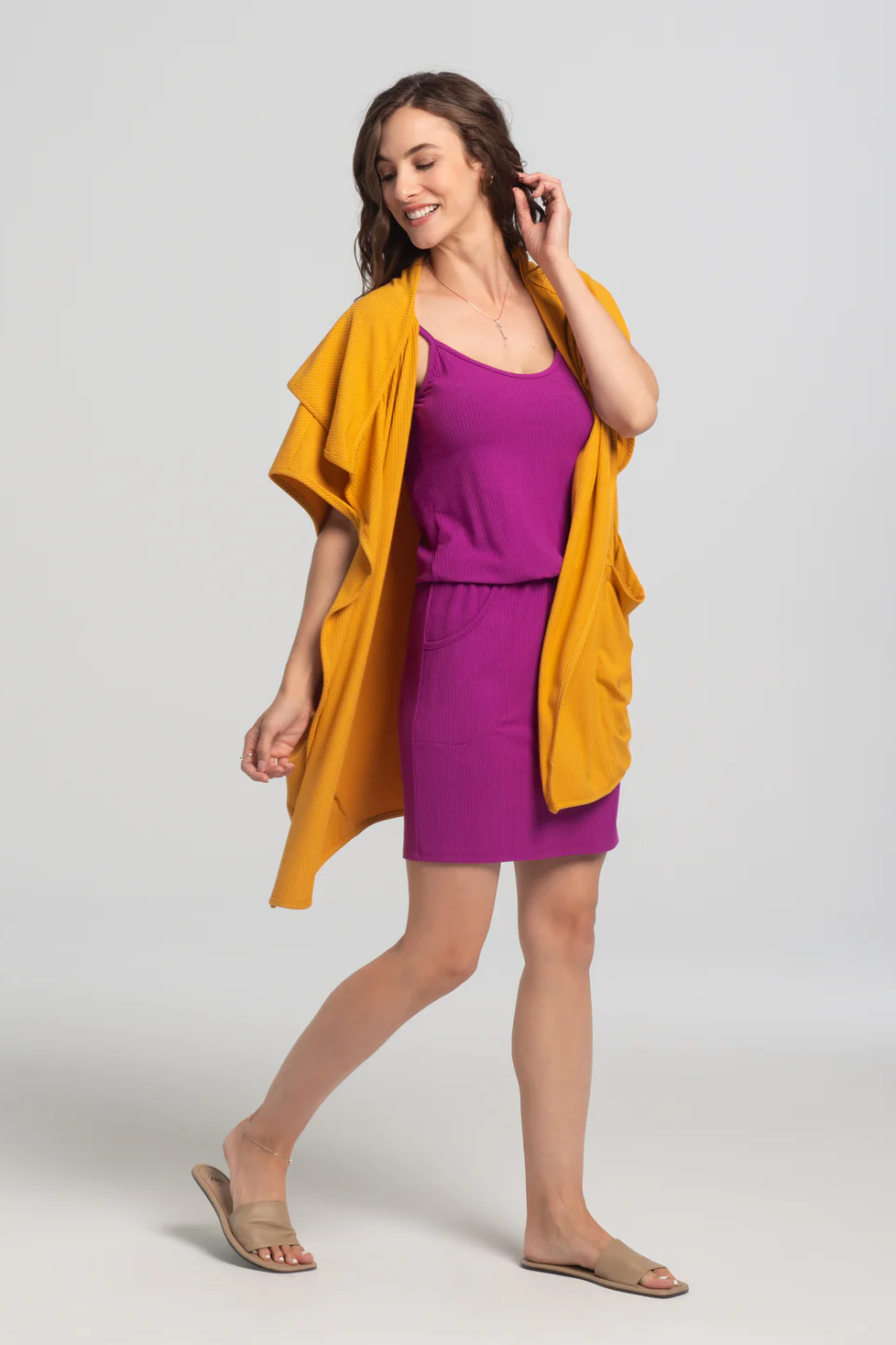 Damia Dress by Kollontai, Amethyst, tank dress, spaghetti straps, bloused effect at waist, elastic waist, straight above the knee skirt, front slant pockets, bamboo rib knit, eco-fabric, sizes XS to XL, made in Montreal 