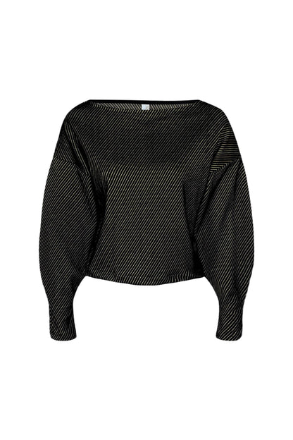 The Lewis Top by Melow in Black, featuring a diagonal stripe texture, boat neck, long puffed sleeves that snug at the wrists, and a cropped length, is shown against a white background. 