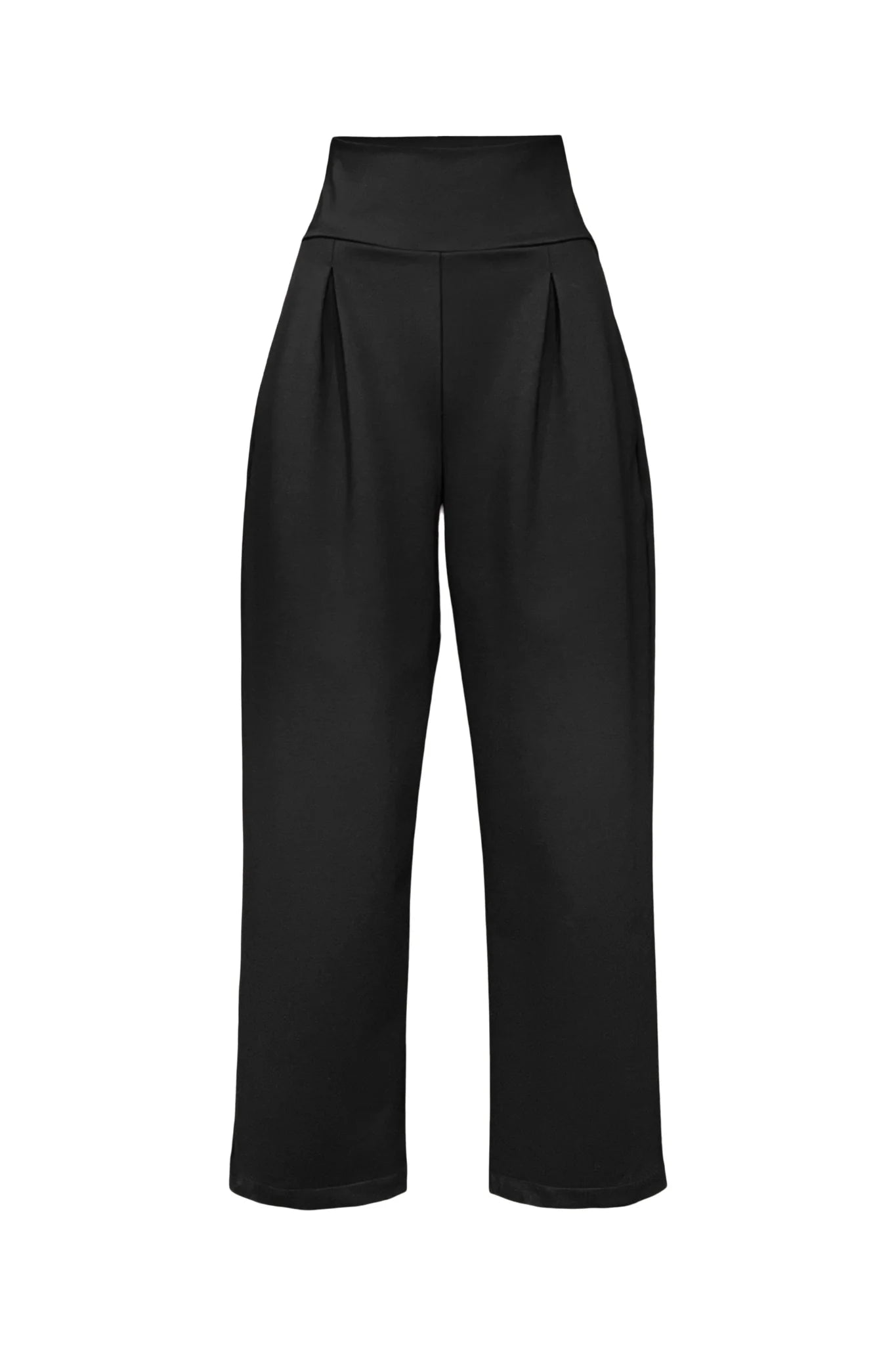 The Lionel Pants by Melow in Black, full length trousers with a high elastic waistband, pressed front pleats, and side pockets, are shown in front of a white background. 