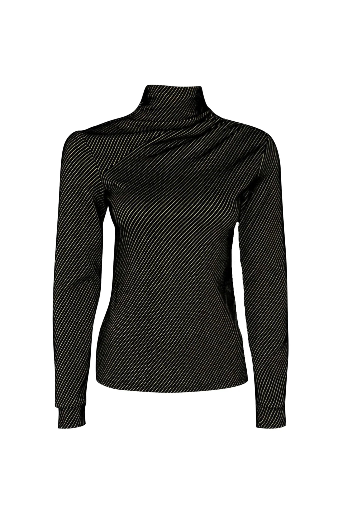The Louna Turtleneck Top by Melow in Black, featuring a diagonal stripe fabric, turtleneck, long sleeves, and gather detail at one shoulder, is shown against a white background. 