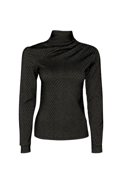 The Louna Turtleneck Top by Melow in Black, featuring a diagonal stripe fabric, turtleneck, long sleeves, and gather detail at one shoulder, is shown against a white background. 