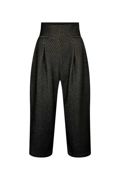 The Lucas Pants by Melow in Black, featuring a diagonal stripe texture, a high elastic waist, front pleats, and 3/4 length legs, are shown against a white background. 