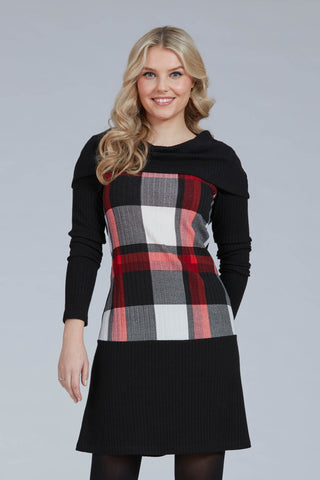 Alsace Dress by Luc Fontaine, Red Plaid Print, rib knit, foldover collar, long sleeves, A-line shape, above the knee, sizes 4-16, made in Canada