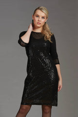Billion Dress by Luc Fontaine, Black, sparkly, round neck, 3/4 sleeves, straight cut, above the knee, sizes 4-16, made in Canada.