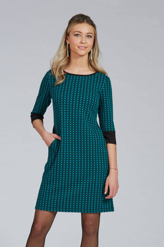 Pandora Dress by Luc Fontaine, Turquoise, textured fabric, black accents, boat neck, 3/4 sleeves, fitted shape, sizes 4-16, made in Canada