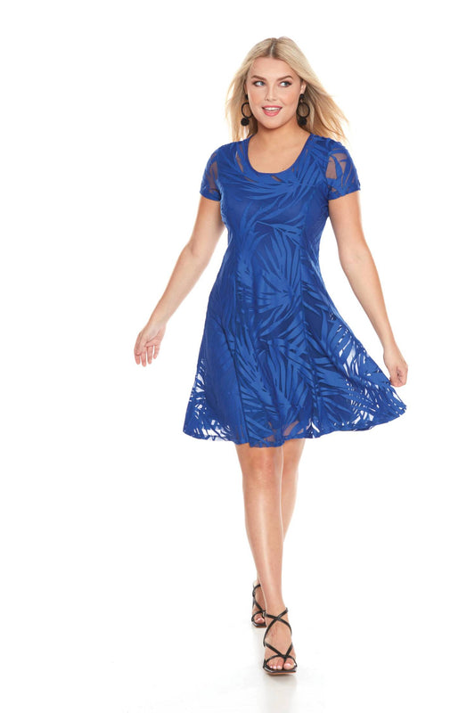 Aloha Dress by Luc Fontaine, Royal Blue, sheer over-dress with leaf pattern, solid tank under layer, round neck, short sleeves, above-the-knee length, princess seams, fit and flare shape, sizes 4-16, made in Montreal 