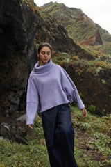 Amsterdam Sweater by MAS, Lavender, oversized, high chimney neck, long extended sleeves, cropped length, ribbed cotton knit, One Size, made in Montreal 